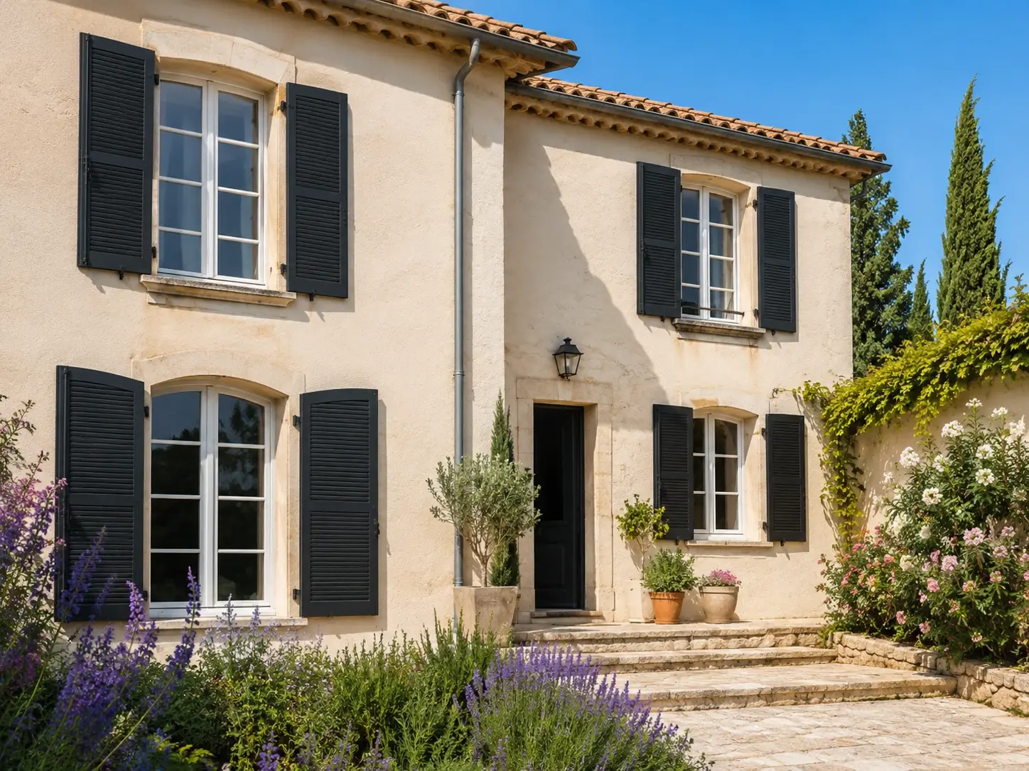 Maison méditerranéenne avec menuiseries et volets dans l’Hérault